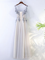 A Line Round Neck Half Sleeves Gray Lace Evening Prom Dress, Gray Floral Long Formal Evening Dress