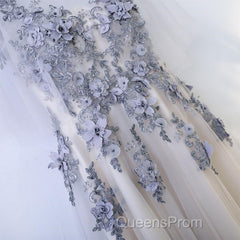 A Line Round Neck Half Sleeves Gray Lace Evening Prom Dress, Gray Floral Long Formal Evening Dress