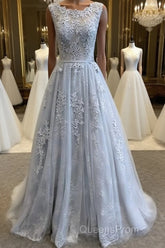 A Line Round Neck Lace Grey Evening Prom Dress, Lace Grey Formal Dress