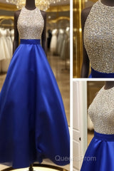 A Line Round Neck Sequins Backless Royal Blue Evening Prom Dress, Royal Blue Formal Dress, Backless Royal Blue Evening Dress