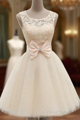 A Line Round Neck Short Ivory Lace Evening Prom Dress, Short Champagne Lace Bridesmaid Dress, Lace Homecoming Dress, Lace Graduation Dress