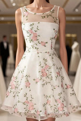 A Line Round Neck Short Lace Floral Evening Prom Dress, Short Lace Floral Formal Homecoming Dress