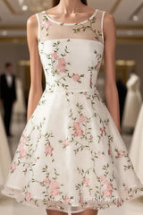 A Line Round Neck Short Lace Floral Evening Prom Dress, Short Lace Floral Formal Homecoming Dress