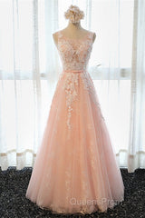 A Line Round Neck Sleeveless Lace Grey/Pink/Champagne Evening Prom Dress, Lace Formal Dress, Evening Dress