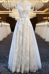 A Line Round Neck Sleeveless Lace Grey/Pink/Champagne Evening Prom Dress, Lace Formal Dress, Evening Dress