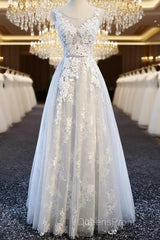 A Line Round Neck Sleeveless Lace Grey/Pink/Champagne Evening Prom Dress, Lace Formal Dress, Evening Dress