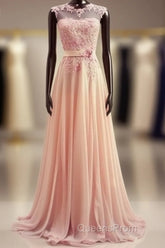 A-Line Round Neck Sweep Train Lace Coral Evening Prom Dress, Evening Dress, Lace Bridesmaid Dress