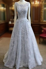 A-Line Round Neck Tulle Lace Long Gray Evening Prom Dress, Bridesmaid Dress