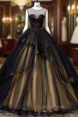 A-Line Round Neck Tulle Long Evening Prom Dress, Elegant Evening Dress