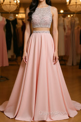 A Line Round Neck Two Pieces Beaded Pink Evening Prom Dress, Two Pieces Pink Formal Dress, Pink Evening Dress
