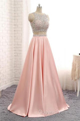 A Line Round Neck Two Pieces Beaded Pink Evening Prom Dress, Two Pieces Pink Formal Dress, Pink Evening Dress