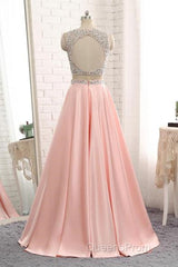 A Line Round Neck Two Pieces Beaded Pink Evening Prom Dress, Two Pieces Pink Formal Dress, Pink Evening Dress