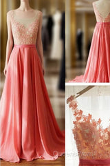 A Line Round Neck V Neck Back Long Coral Lace Evening Prom Dress, Long Lace Formal Dress, Evening Dress, Bridesmaid Dress