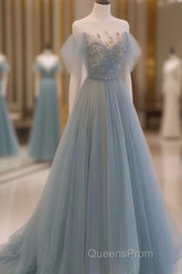 A-Line Round Neckline Blue Tulle With Lace Long Party Dress, Tulle Evening Dress Evening Prom Dress