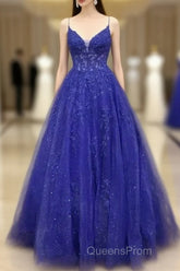 A-Line Royal Blue Formal Gown Long V-Neck Lace Evening Prom Dress Applique