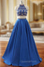 A-Line Royal Blue Satin Two Piece Halter Backless Evening Prom Dress With Crystal