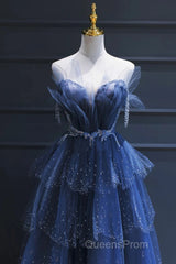 A Line Royal Blue Tulle Beaded Long Senior Evening Prom Dress
