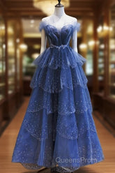 A Line Royal Blue Tulle Beaded Long Senior Evening Prom Dress