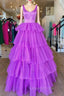 A Line Ruffles Purple Tulle Long Evening Prom Dress