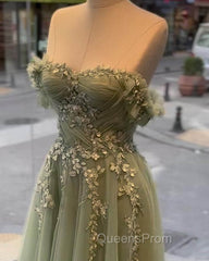 A-Line Sage Tulle Lace Appliques Dress