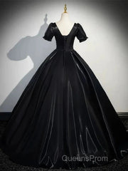 A-Line Satin Black Long Evening Prom Dress Quinceanera Dress Short Sleeves Evening Dress