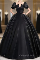 A-Line Satin Black Long Evening Prom Dress Quinceanera Dress Short Sleeves Evening Dress