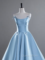 A-Line Satin Blue Long Evening Prom Dress, Blue Long Evening Dress