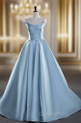 A-Line Satin Blue Long Evening Prom Dress, Blue Long Evening Dress