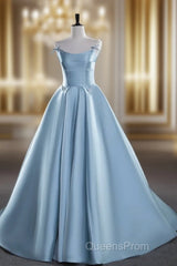 A-Line Satin Blue Long Evening Prom Dress, Blue Long Evening Dress