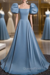 A-Line Satin Blue Long Evening Prom Dress, Blue Long Evening Dress