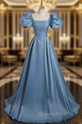 A-Line Satin Blue Long Evening Prom Dress, Blue Satin Long Evening Dress