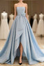 A-Line Satin Blue Long Evening Prom Dress, Blue Satin Long Evening Dress