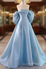 A-Line Satin Blue Long Evening Prom Dress With Bow