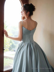 A-line Satin Blue Long Straps Evening Dress, Satin Long Prom Dress