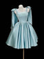 A-Line Satin Blue Short Classy Prom Dress With Bow Tie