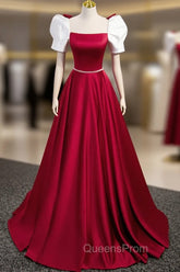 A-Line Satin Burgundy Long Evening Prom Dress, Puffy Sleeve Evening Dress