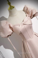 A-Line Satin Floor Length Pink Corset Evening Prom Dress, Off the Shoulder Evening Dress