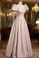 A-Line Satin Floor Length Pink Corset Evening Prom Dress, Off the Shoulder Evening Dress