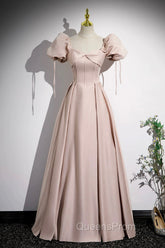 A-Line Satin Floor Length Pink Corset Evening Prom Dress, Off the Shoulder Evening Dress