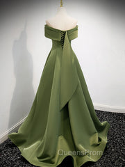 A-Line Satin Green Long Evening Prom Dress, Green Evening Dress