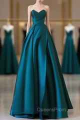 A-Line Satin Green Long Evening Prom Dress, Green Satin Long Evening Dress