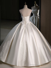 A-Line Satin Lace ivory Long Wedding Dress, Lace Weeding Party Dress