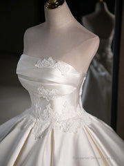 A-Line Satin Lace ivory Long Wedding Dress, Lace Weeding Party Dress