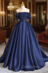 A-Line Satin Long Evening Prom Dress, Elegant Off The Shoulder Evening Party Dress