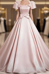 A-Line Satin Pink Quinceanera Dress Long Evening Prom Dress With Bows Short Sleeves
