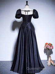A-Line Satin Puff Sleeves Black Long Evening Prom Dress, Black Long Evening Dress