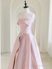 A-Line Satin Tulle Pink Long Prom Dress, Pink Long Formal Dress