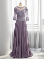 A-line Scoop 3/4 Sleeves Appliques Lace Sweep Train Chiffon Mother of the Bride Dress