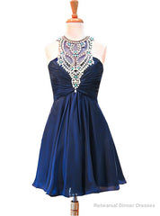 A-line Scoop Beaded Crystals Navy Blue Chiffon Short Homecoming Dress