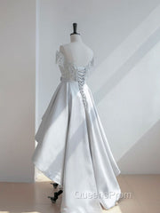 A-Line Scoop Neckline Lace Gray Evening Prom Dress, High Low Style Satin Evening Dress